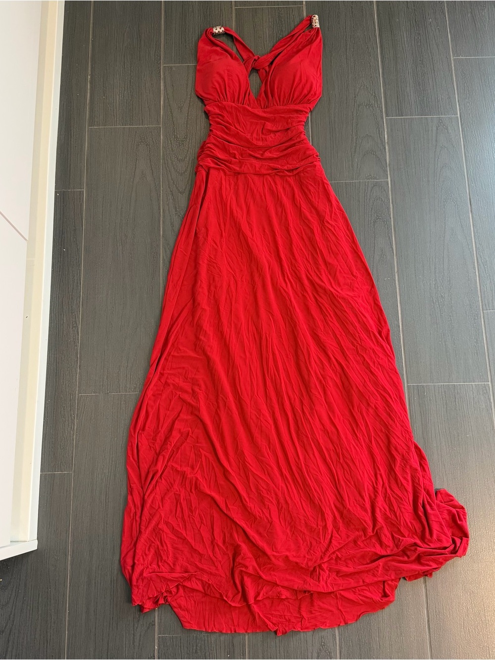 Sleeveless Red Maxi Dress with Ruched Waist - Women Dresses